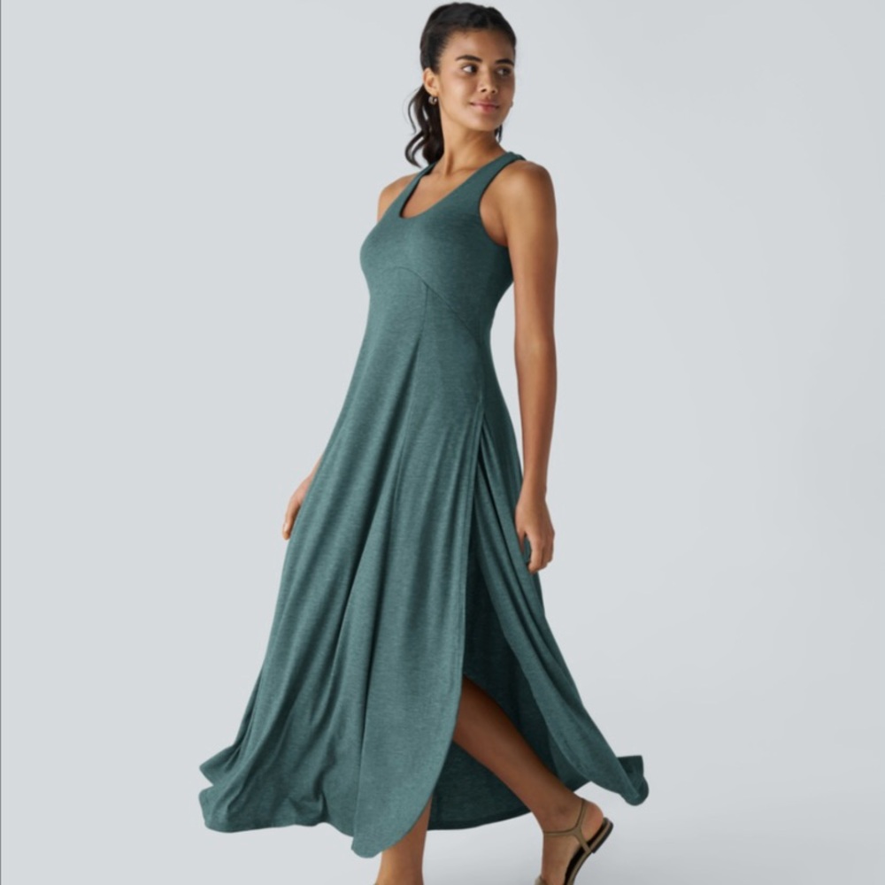 Halara U Neck Backless Split Flowy Maxi Casual Tank Dress
